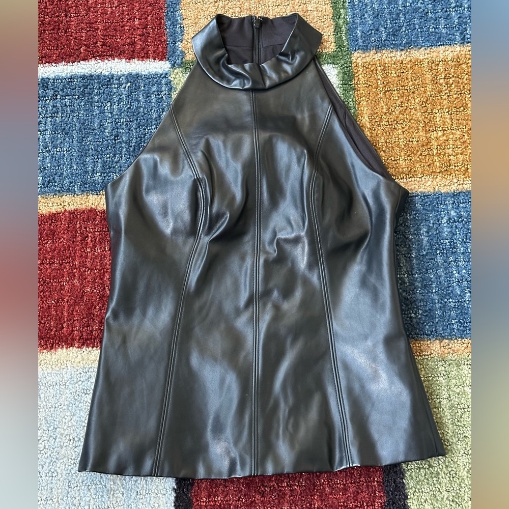 Like new White House Black Market Black bow, leather halter top zip back closure